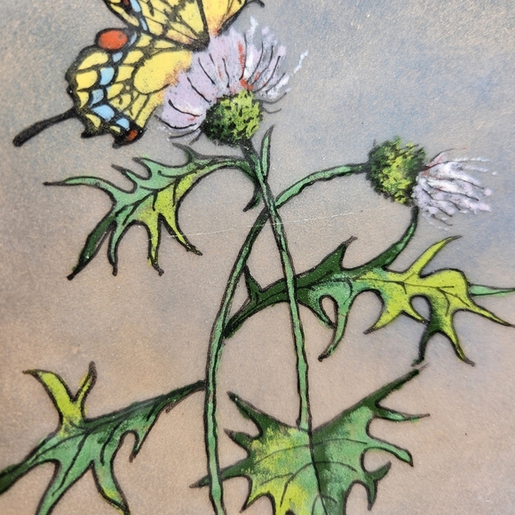 Enameled Copper Butterfly Thistle Trinket Ring Dish Artist Signed - Picture 7 of 8